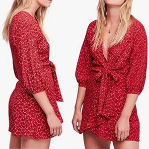 Free People Red Clara Puff Sleeve Ditsy Floral Faux Wrap Mini Dress